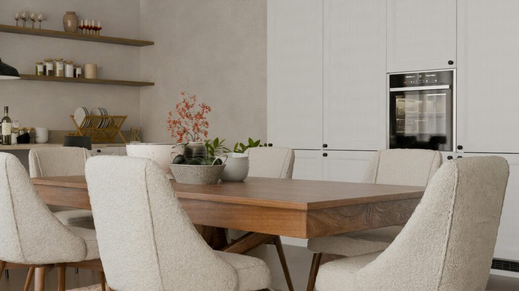 pexels-photo-30871310-30871310 Stylish kitchen featuring modern decor, wooden table, and chic chairs in a cozy setting.
